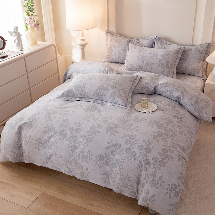 91家纺网 家纺一手货源 找家纺 磨毛世家家纺 2026新款铂金磨毛纯棉加厚全棉磨毛四件套 玫瑰之心-灰