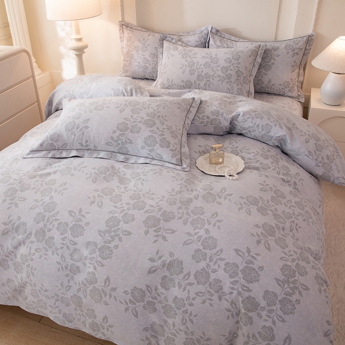 91家纺网 家纺一手货源 找家纺 磨毛世家家纺 2026新款铂金磨毛纯棉加厚全棉磨毛四件套 玫瑰之心-灰