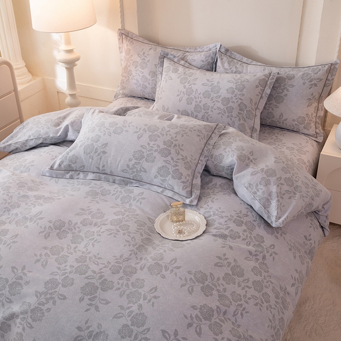 91家纺网 家纺一手货源 找家纺 磨毛世家家纺 2026新款铂金磨毛纯棉加厚全棉磨毛四件套 玫瑰之心-灰