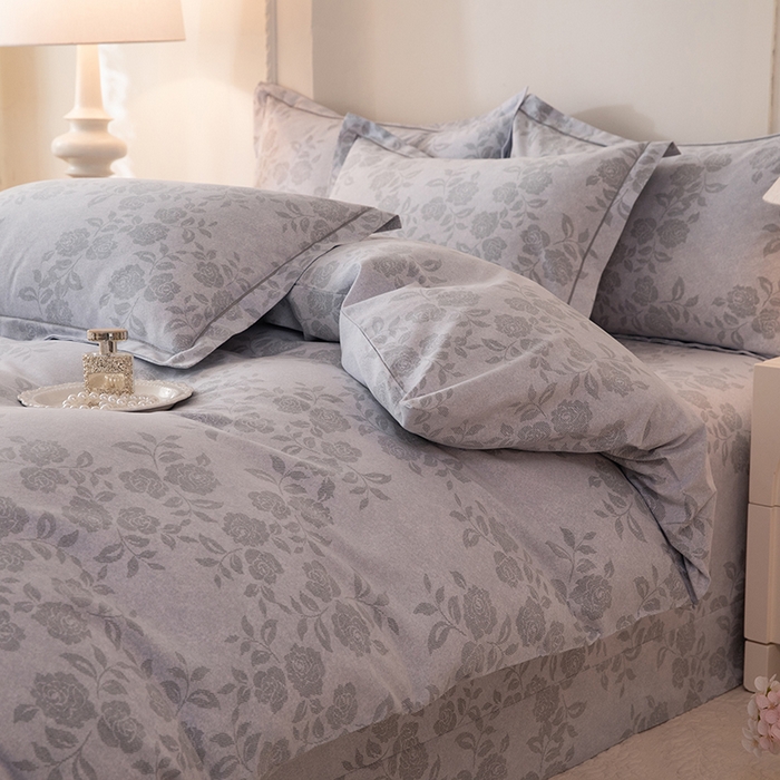 91家纺网 家纺一手货源 找家纺 磨毛世家家纺 2026新款铂金磨毛纯棉加厚全棉磨毛四件套 玫瑰之心-灰