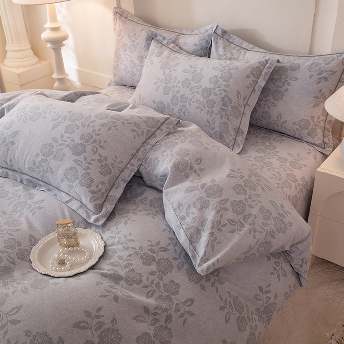 91家纺网 家纺一手货源 找家纺 磨毛世家家纺 2026新款铂金磨毛纯棉加厚全棉磨毛四件套 玫瑰之心-灰