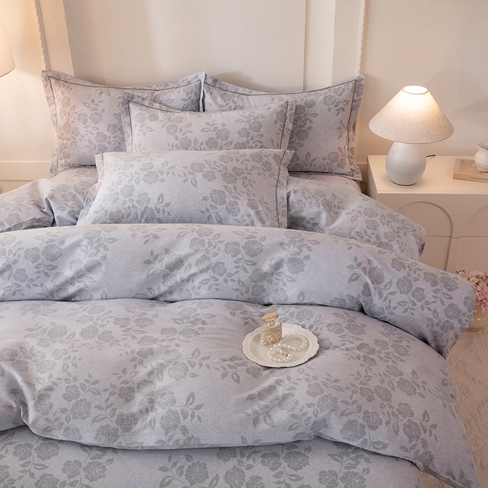 91家纺网 家纺一手货源 找家纺 磨毛世家家纺 2026新款铂金磨毛纯棉加厚全棉磨毛四件套 玫瑰之心-灰