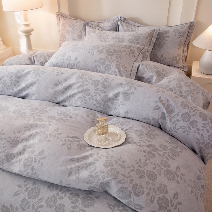 91家纺网 家纺一手货源 找家纺 磨毛世家家纺 2026新款铂金磨毛纯棉加厚全棉磨毛四件套 玫瑰之心-灰