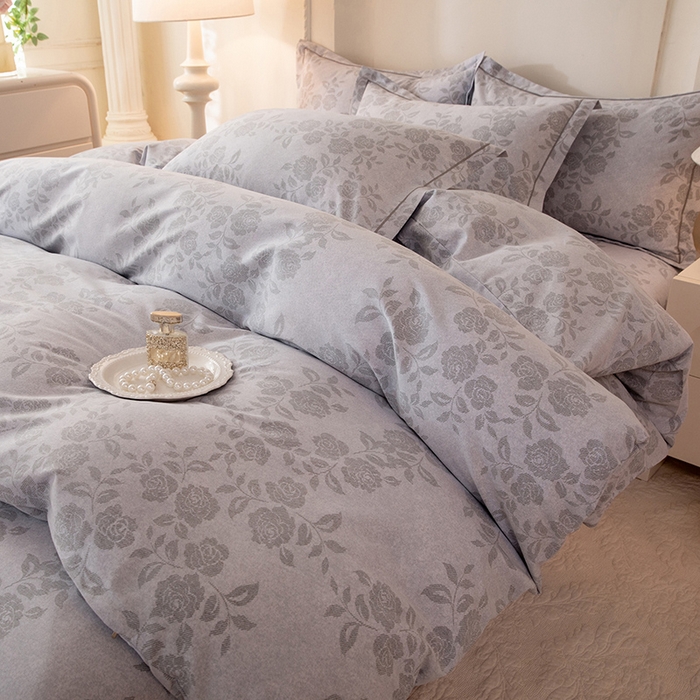 91家纺网 家纺一手货源 找家纺 磨毛世家家纺 2026新款铂金磨毛纯棉加厚全棉磨毛四件套 玫瑰之心-灰