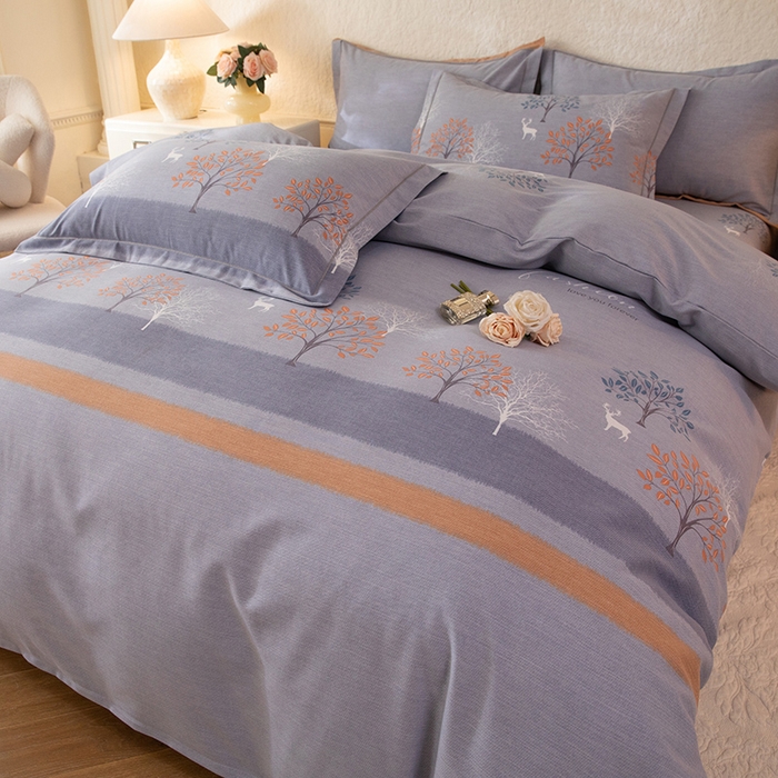 91家纺网 家纺一手货源 找家纺 磨毛世家家纺 2026新款铂金磨毛纯棉加厚全棉磨毛四件套 上林春色-蓝