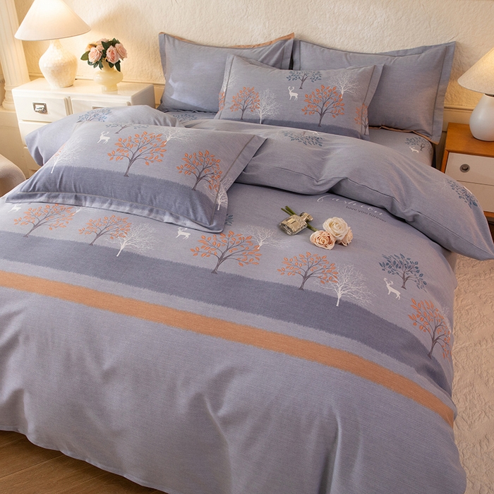 91家纺网 家纺一手货源 找家纺 磨毛世家家纺 2026新款铂金磨毛纯棉加厚全棉磨毛四件套 上林春色-蓝