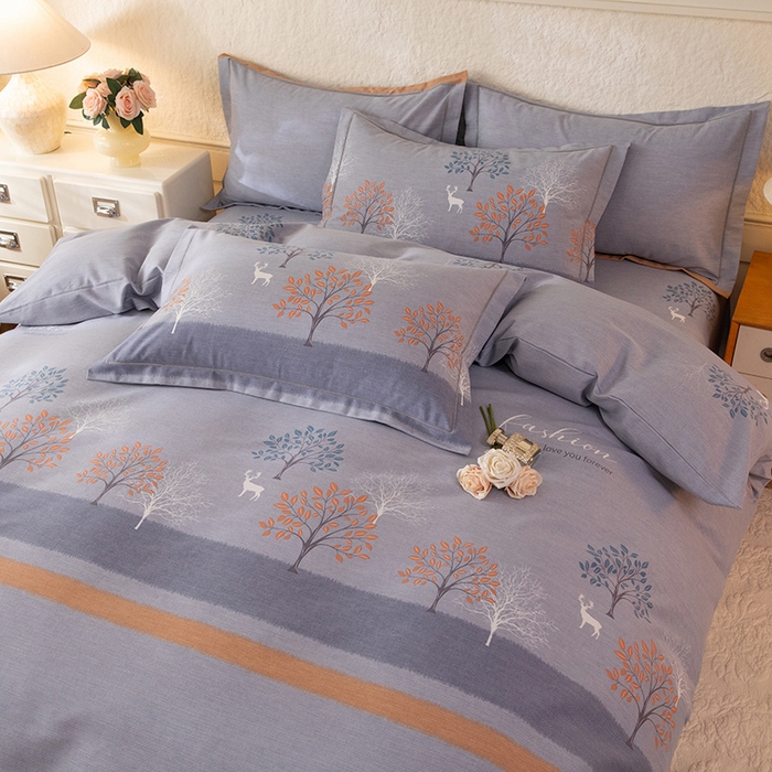 91家纺网 家纺一手货源 找家纺 磨毛世家家纺 2026新款铂金磨毛纯棉加厚全棉磨毛四件套 上林春色-蓝