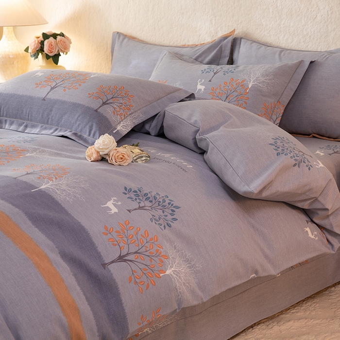 91家纺网 家纺一手货源 找家纺 磨毛世家家纺 2026新款铂金磨毛纯棉加厚全棉磨毛四件套 上林春色-蓝