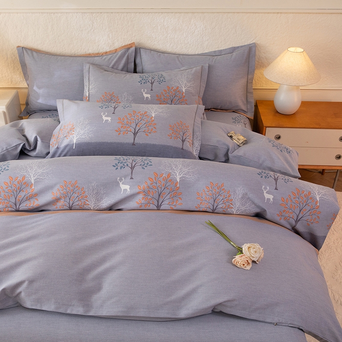 91家纺网 家纺一手货源 找家纺 磨毛世家家纺 2026新款铂金磨毛纯棉加厚全棉磨毛四件套 上林春色-蓝