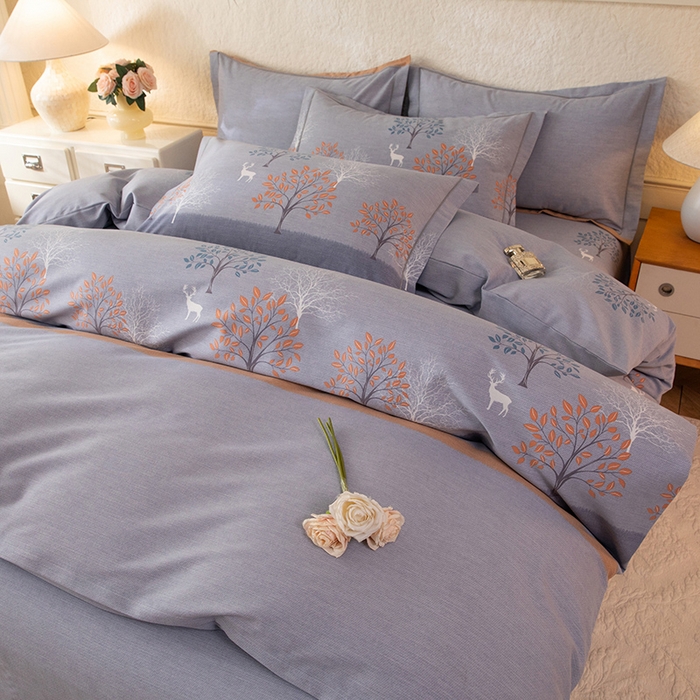 91家纺网 家纺一手货源 找家纺 磨毛世家家纺 2026新款铂金磨毛纯棉加厚全棉磨毛四件套 上林春色-蓝