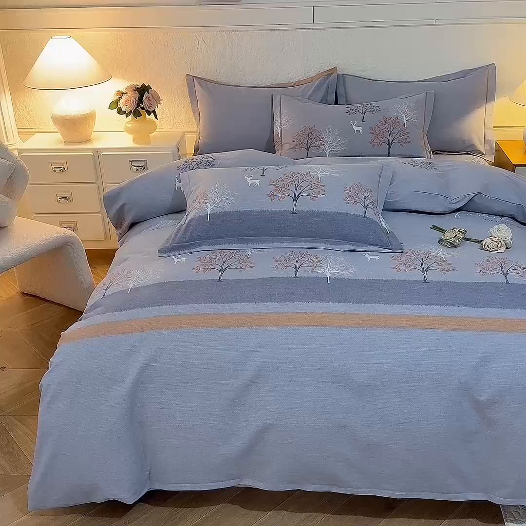 91家纺网 家纺一手货源 找家纺 磨毛世家家纺 2026新款铂金磨毛纯棉加厚全棉磨毛四件套 上林春色-蓝