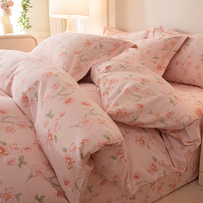 91家纺网 家纺一手货源 找家纺 磨毛世家家纺 2026新款铂金磨毛纯棉加厚全棉磨毛四件套 香雪海-粉