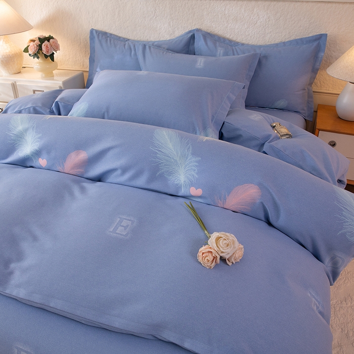 91家纺网 家纺一手货源 找家纺 磨毛世家家纺 2026新款铂金磨毛纯棉加厚全棉磨毛四件套 永恒之羽-蓝
