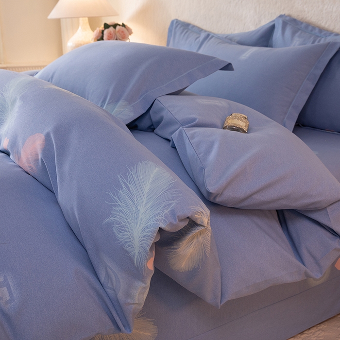 91家纺网 家纺一手货源 找家纺 磨毛世家家纺 2026新款铂金磨毛纯棉加厚全棉磨毛四件套 永恒之羽-蓝