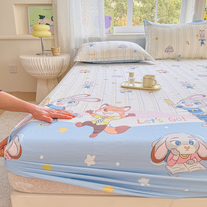 91家纺网 家纺一手货源 找家纺 禧安居 2025新款高支高密活性印染全棉床笠印花床笠单床笠（支持定制尺寸）狐狸兔