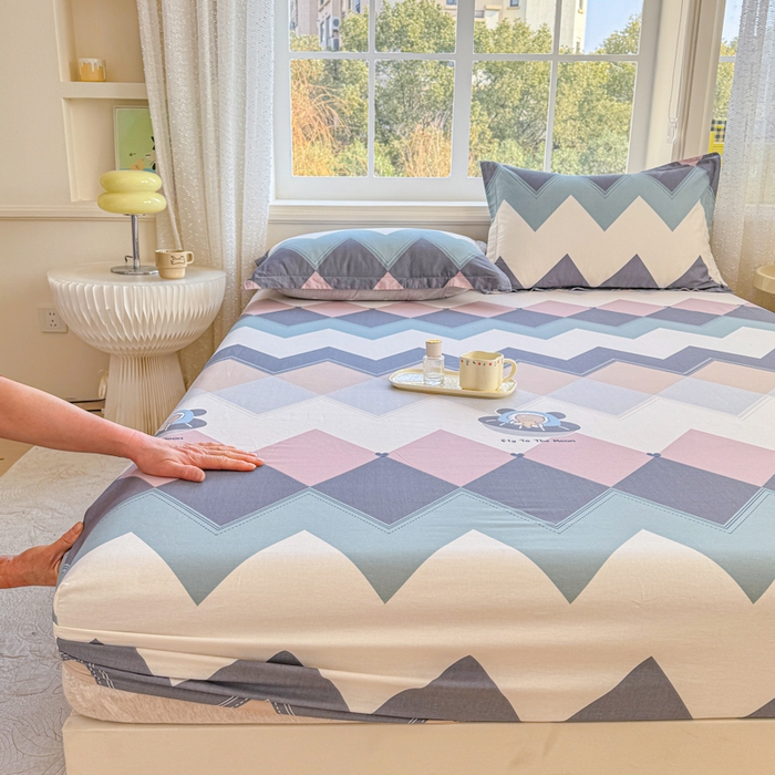 91家纺网 家纺一手货源 找家纺 禧安居 2025新款高支高密活性印染全棉床笠印花床笠单床笠（支持定制尺寸）几何飞船