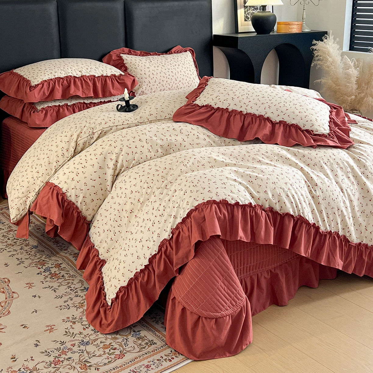 91家纺网 家纺一手货源 找家纺 （总）梦莱斯 2026新款韩系古法韩国水洗棉云棉大布袋法式浪漫大花边床盖四件套