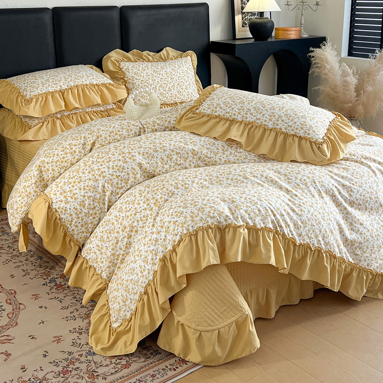 91家纺网 家纺一手货源 找家纺 （总）梦莱斯 2026新款韩系古法韩国水洗棉云棉大布袋法式浪漫大花边床盖四件套