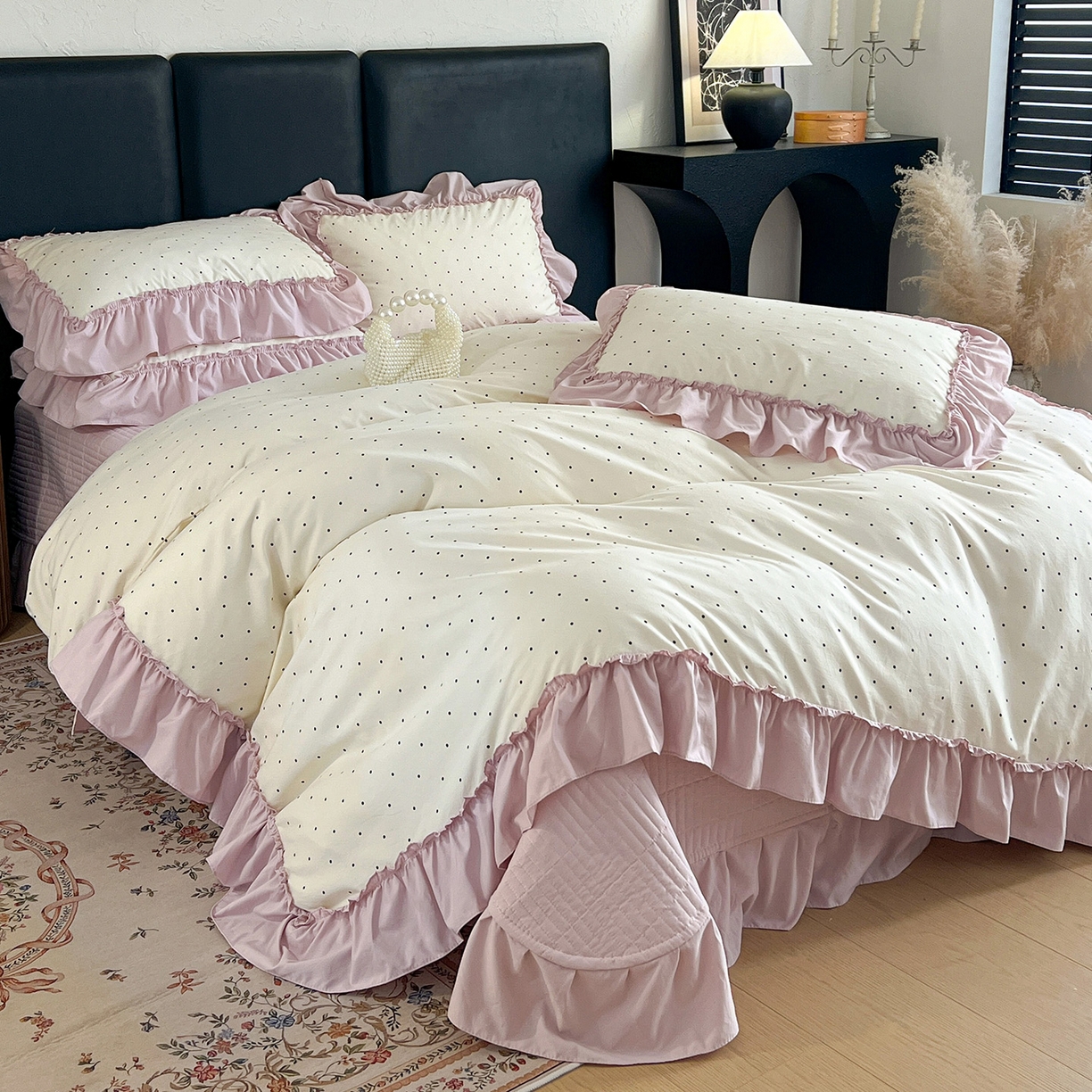 91家纺网 家纺一手货源 找家纺 （总）梦莱斯 2026新款韩系古法韩国水洗棉云棉大布袋法式浪漫大花边床盖四件套