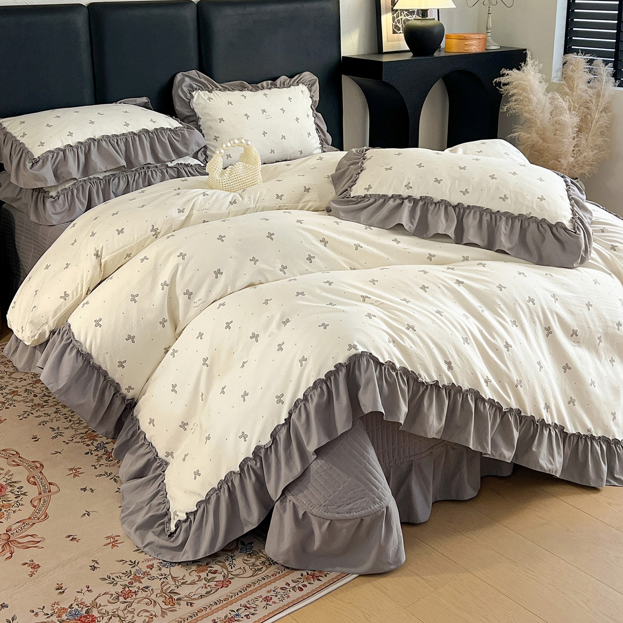 91家纺网 家纺一手货源 找家纺 （总）梦莱斯 2026新款韩系古法韩国水洗棉云棉大布袋法式浪漫大花边床盖四件套