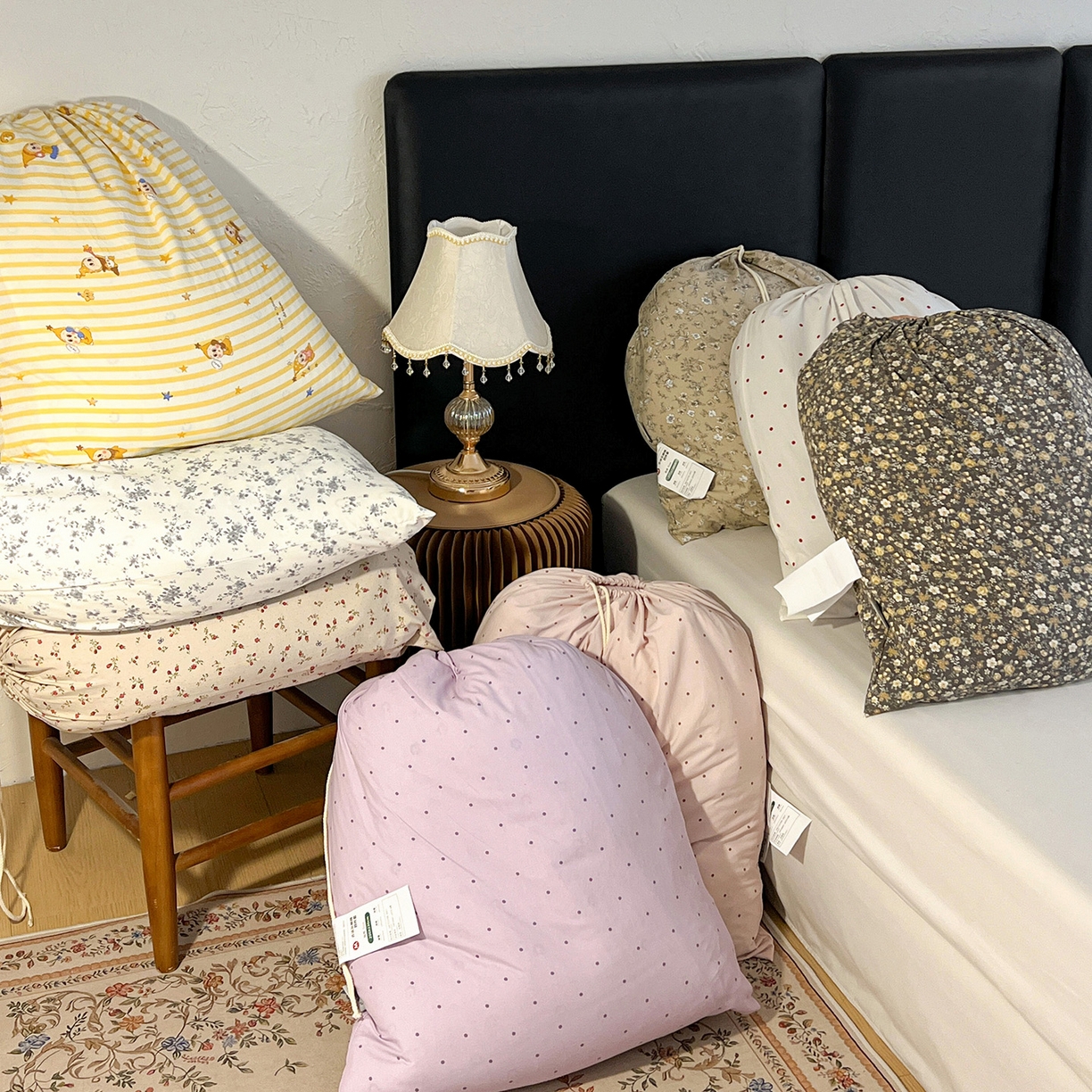 91家纺网 家纺一手货源 找家纺 （总）梦莱斯 2026新款韩系古法韩国水洗棉云棉大布袋法式浪漫大花边床盖四件套