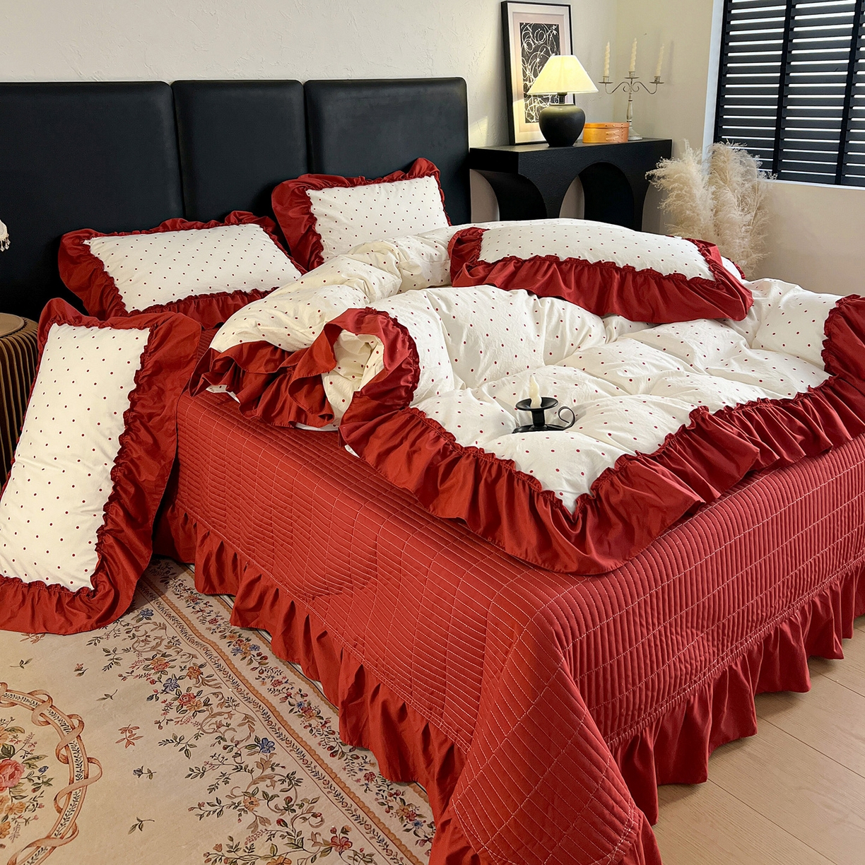 91家纺网 家纺一手货源 找家纺 （总）梦莱斯 2026新款韩系古法韩国水洗棉云棉大布袋法式浪漫大花边床盖四件套