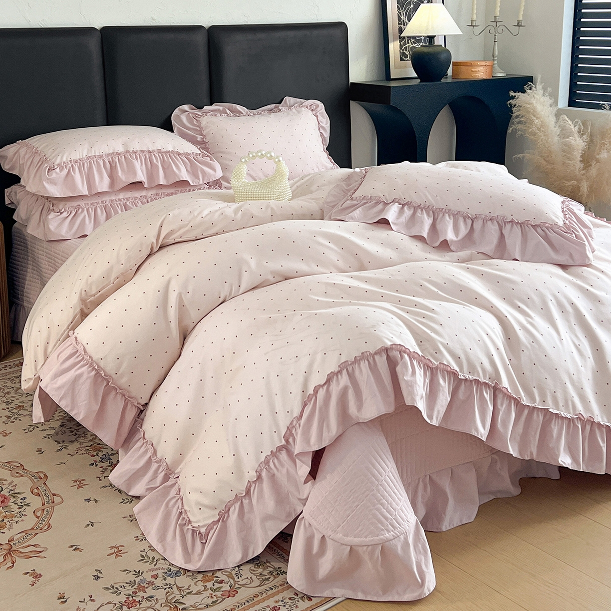 梦莱斯 2026新款韩系古法韩国水洗棉云棉大布袋法式浪漫大花边床盖四件套 粉雾波点