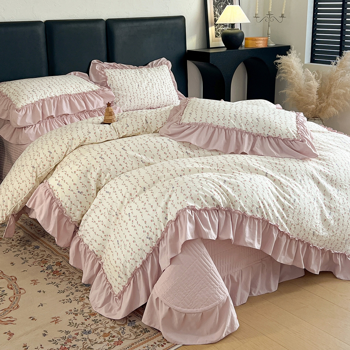 梦莱斯 2026新款韩系古法韩国水洗棉云棉大布袋法式浪漫大花边床盖四件套 粉樱小碎花