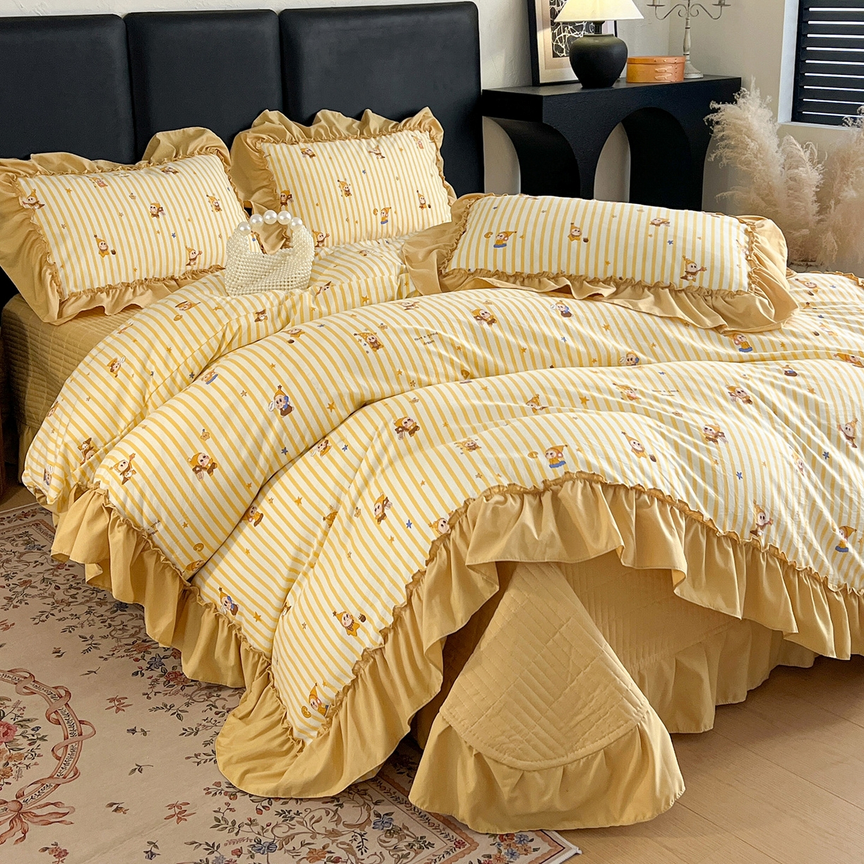 梦莱斯 2026新款韩系古法韩国水洗棉云棉大布袋法式浪漫大花边床盖四件套 黄油小熊派对