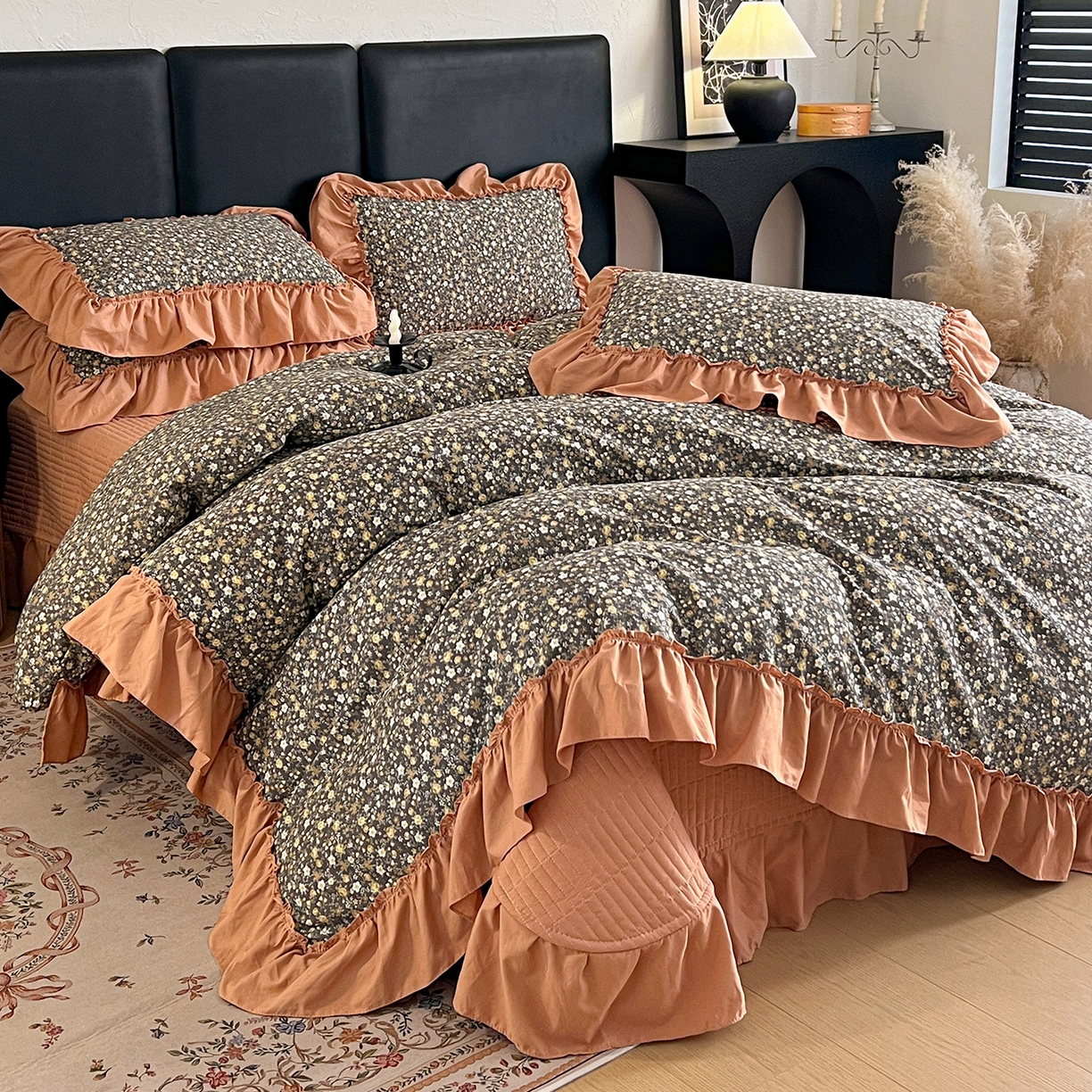 梦莱斯 2026新款韩系古法韩国水洗棉云棉大布袋法式浪漫大花边床盖四件套 焦糖碎金