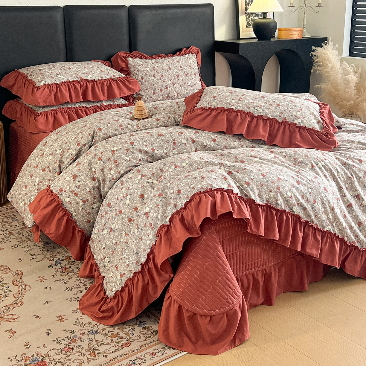 梦莱斯 2026新款韩系古法韩国水洗棉云棉大布袋法式浪漫大花边床盖四件套 浪漫玫瑰