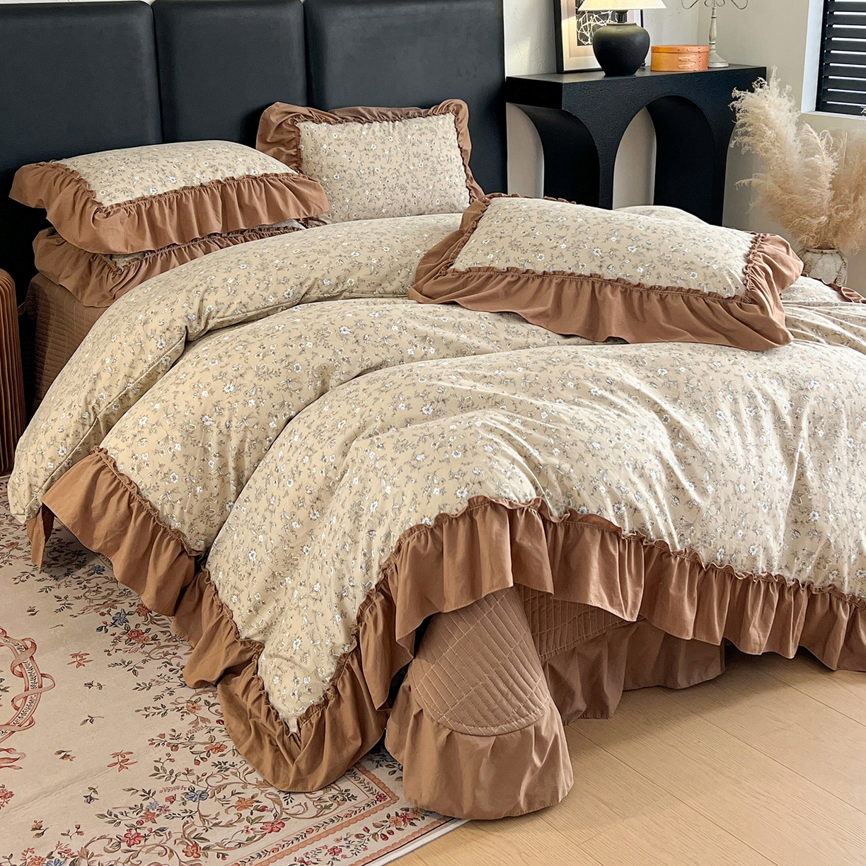 梦莱斯 2026新款韩系古法韩国水洗棉云棉大布袋法式浪漫大花边床盖四件套 奶茶碎花