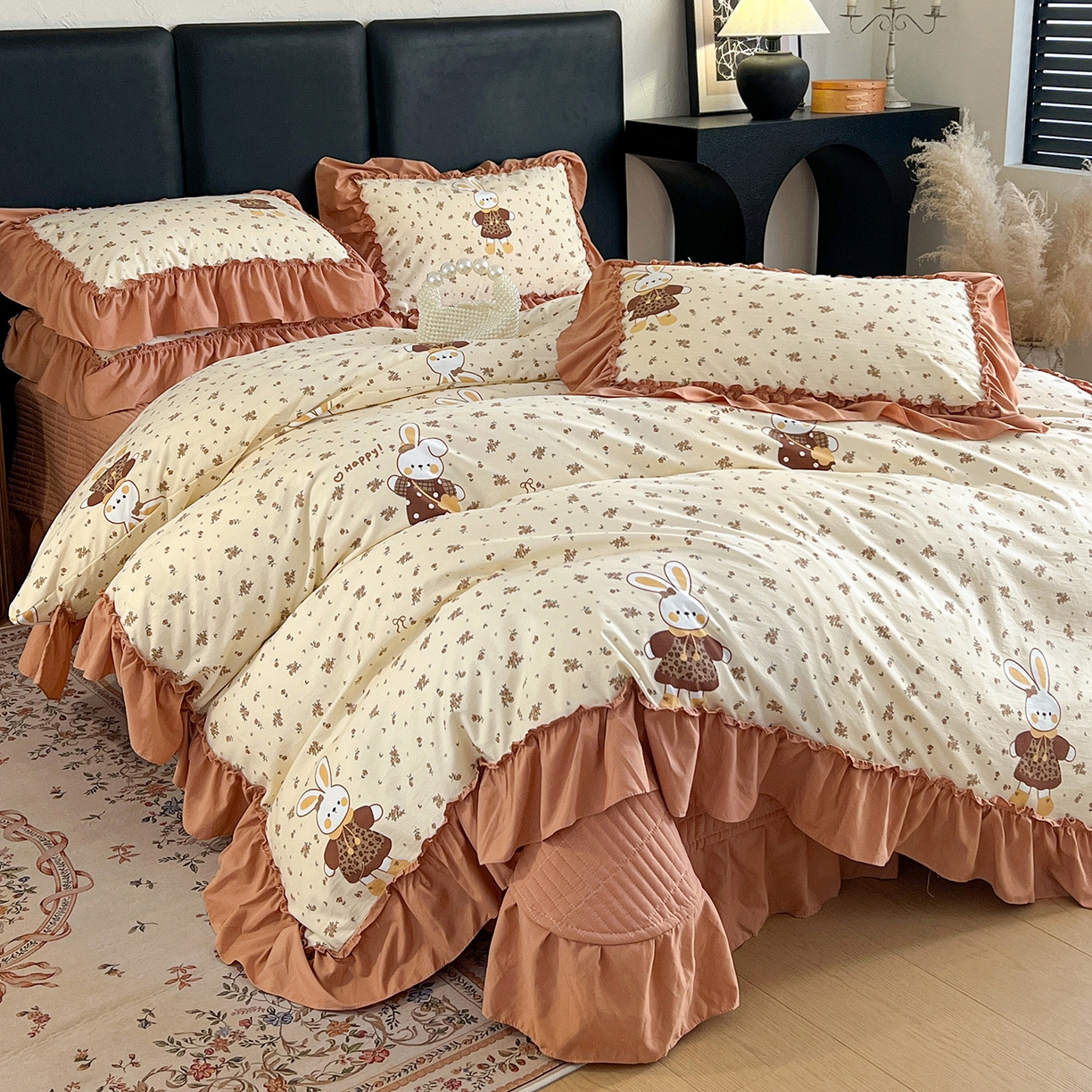 梦莱斯 2026新款韩系古法韩国水洗棉云棉大布袋法式浪漫大花边床盖四件套 奶咖小兔