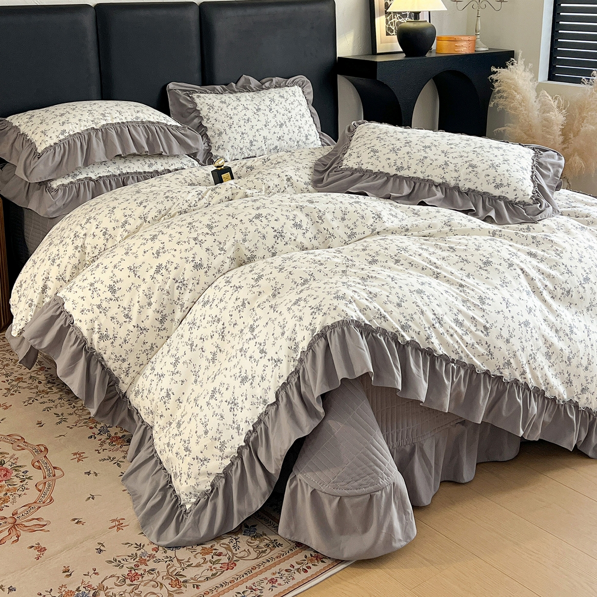 梦莱斯 2026新款韩系古法韩国水洗棉云棉大布袋法式浪漫大花边床盖四件套 雾蓝小雏菊