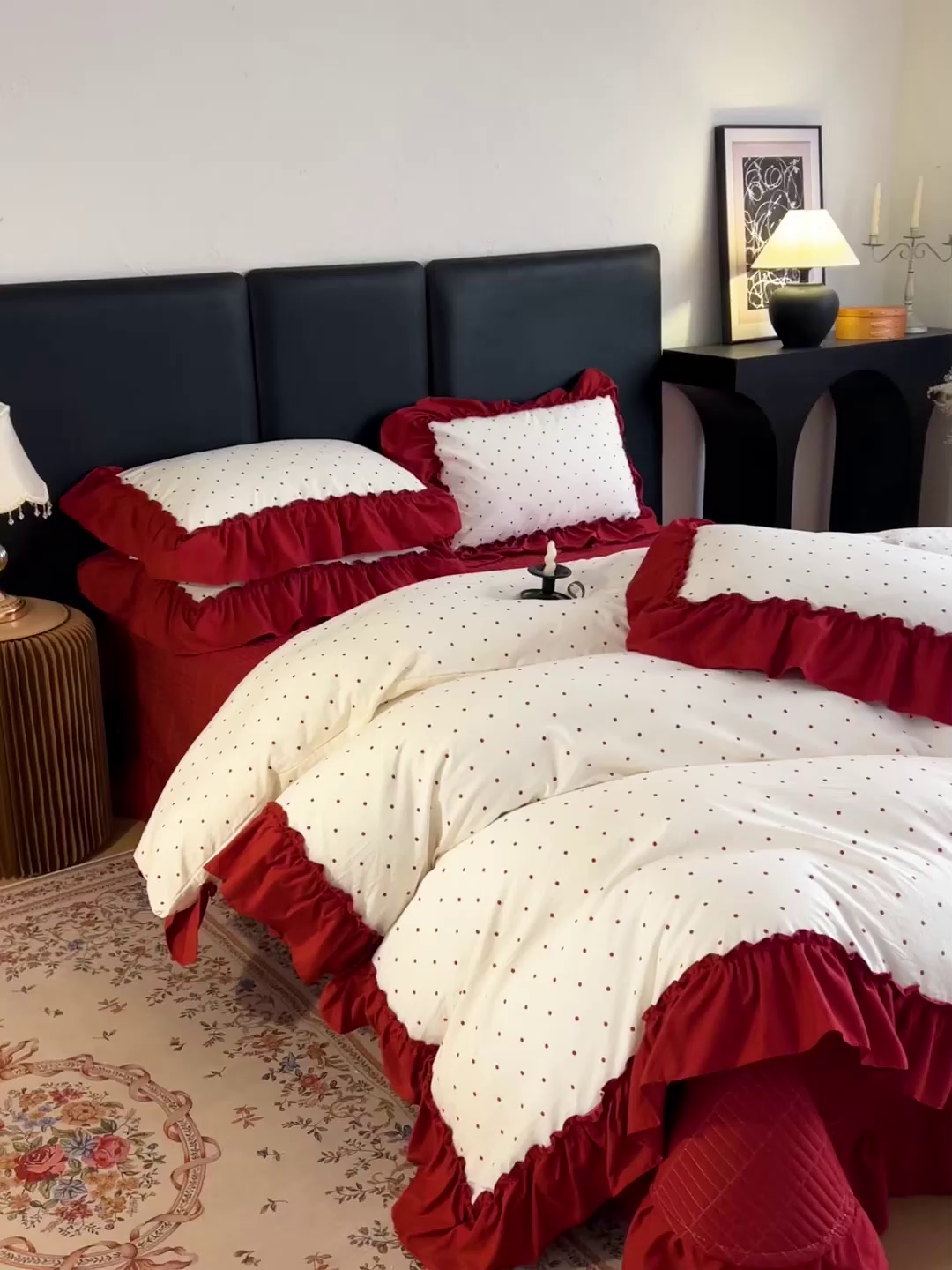 91家纺网 家纺一手货源 找家纺 梦莱斯 2026新款韩系古法韩国水洗棉云棉大布袋法式浪漫大花边床盖四件套 草莓奶冻