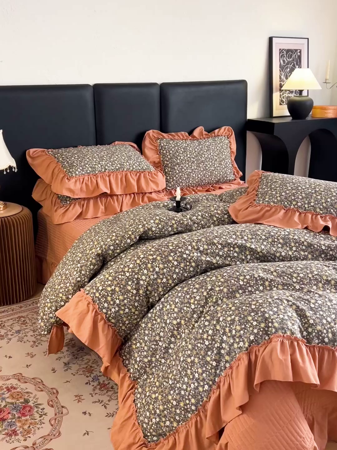 91家纺网 家纺一手货源 找家纺 梦莱斯 2026新款韩系古法韩国水洗棉云棉大布袋法式浪漫大花边床盖四件套 焦糖碎金