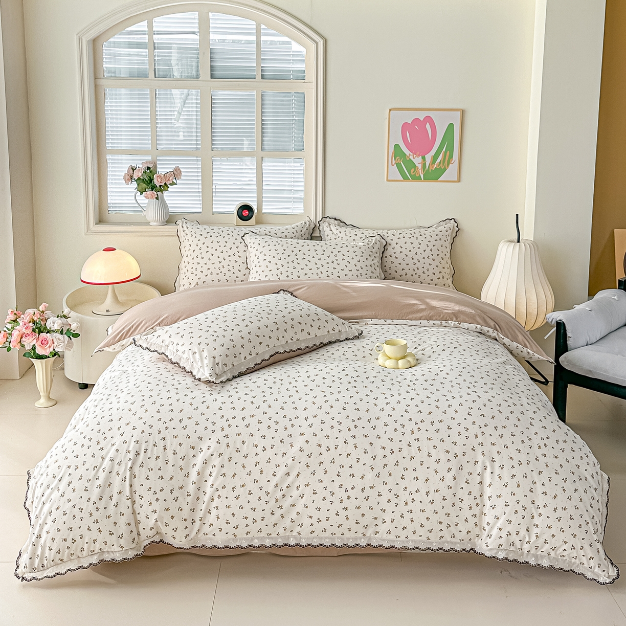 91家纺网 家纺一手货源 找家纺 梓之赫 2026新款古法水洗云感棉四件套 花枝笑语