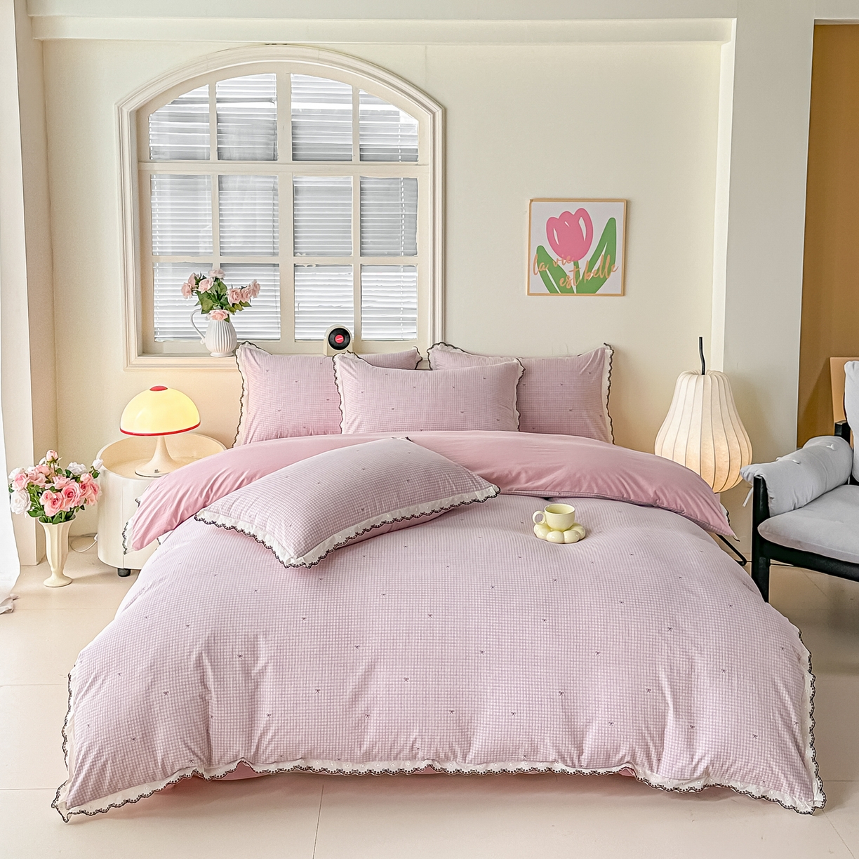 91家纺网 家纺一手货源 找家纺 梓之赫 2026新款古法水洗云感棉四件套 素雅-红