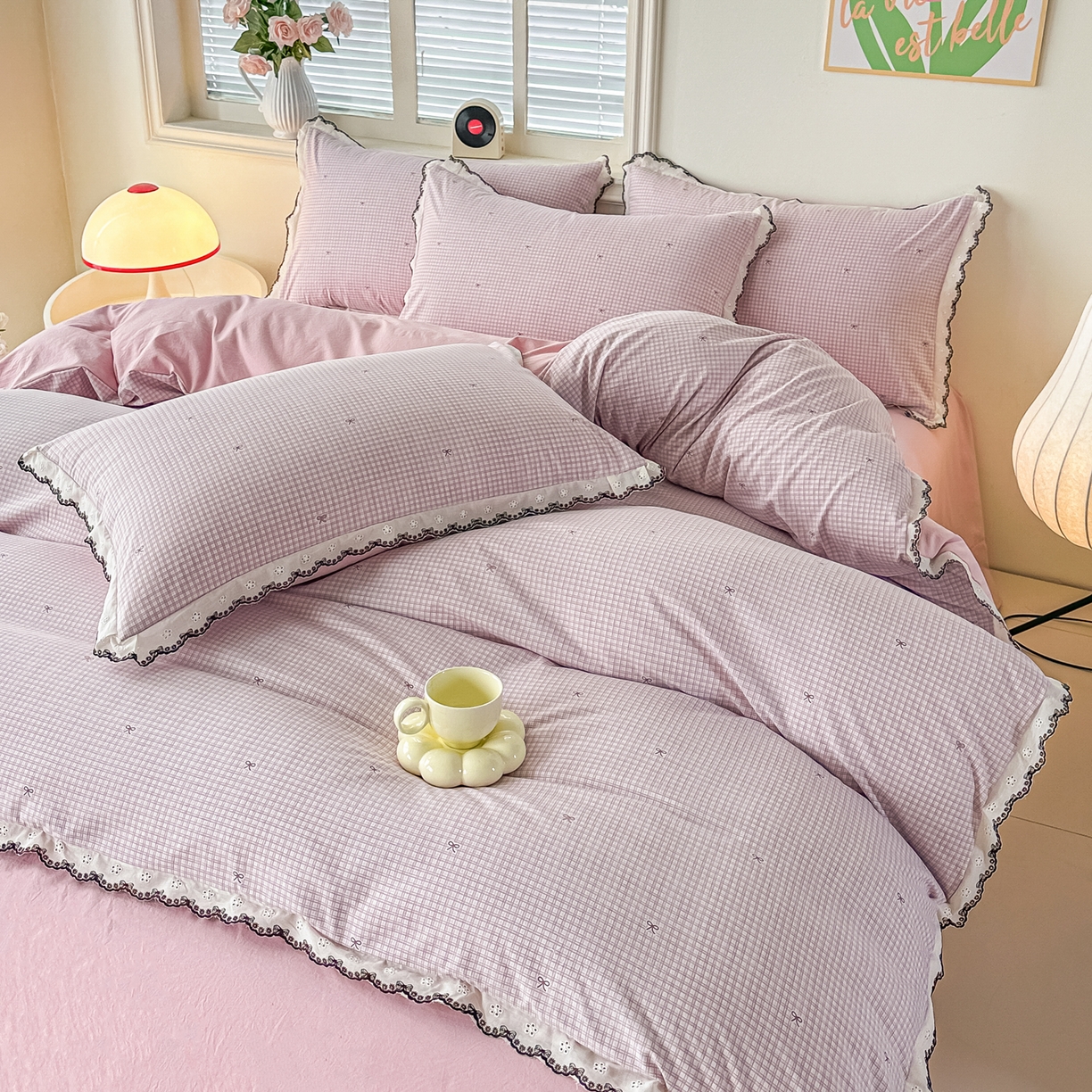 91家纺网 家纺一手货源 找家纺 梓之赫 2026新款古法水洗云感棉四件套 素雅-红