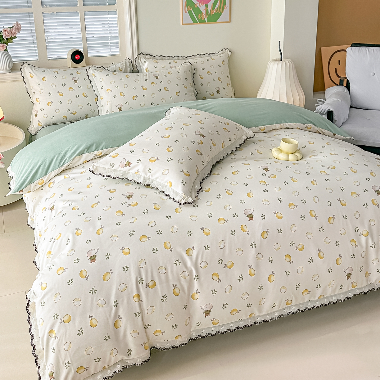 91家纺网 家纺一手货源 找家纺 梓之赫 2026新款古法水洗云感棉四件套 小柠檬