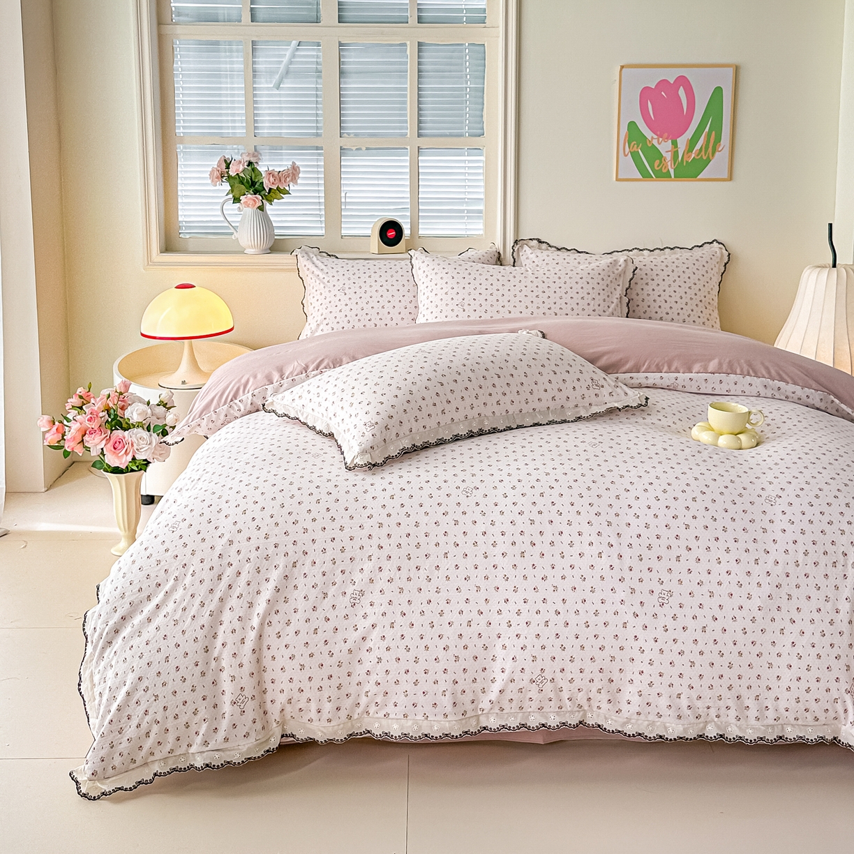 91家纺网 家纺一手货源 找家纺 梓之赫 2026新款古法水洗云感棉四件套 小熊依梦-红