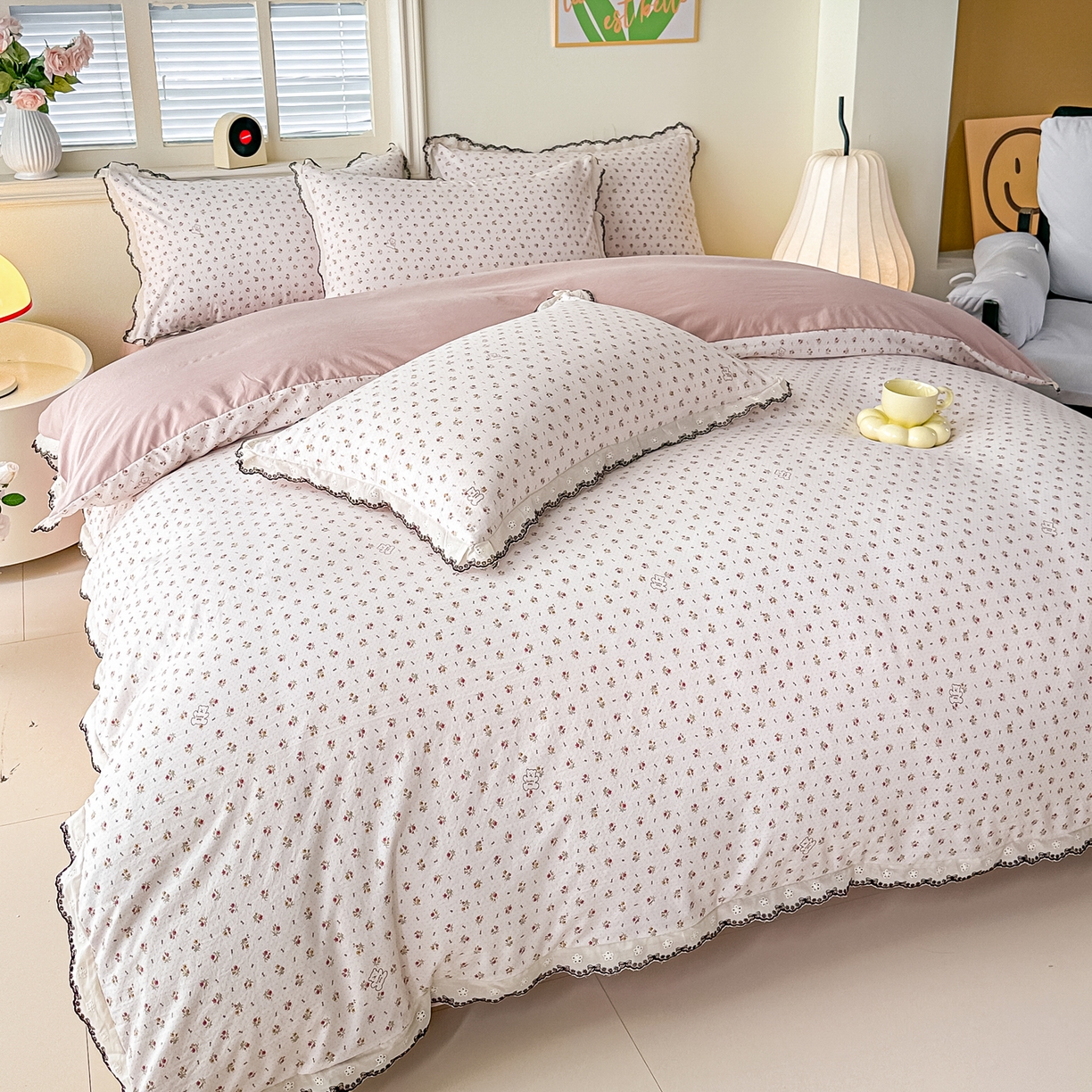 91家纺网 家纺一手货源 找家纺 梓之赫 2026新款古法水洗云感棉四件套 小熊依梦-红