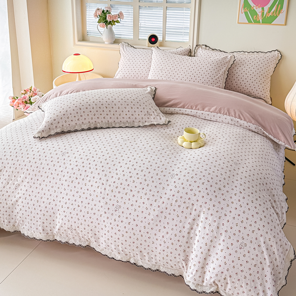 91家纺网 家纺一手货源 找家纺 梓之赫 2026新款古法水洗云感棉四件套 小熊依梦-红