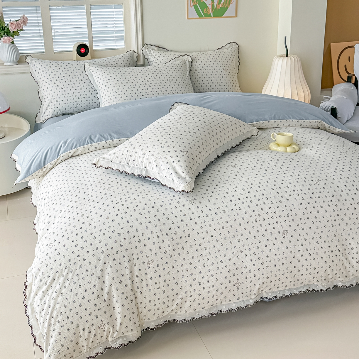 91家纺网 家纺一手货源 找家纺 梓之赫 2026新款古法水洗云感棉四件套 小熊依梦-蓝