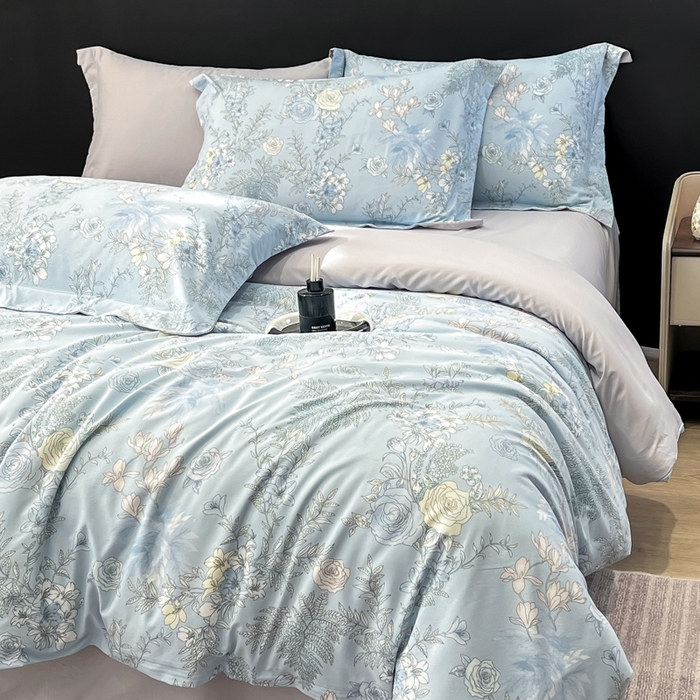 91家纺网 家纺一手货源 找家纺 繁花家居 2026凉感云丝棉高克重冰感天丝绵四件套 橘子花信