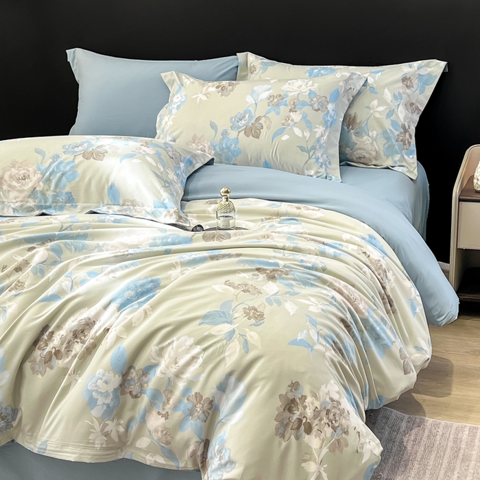 91家纺网 家纺一手货源 找家纺 繁花家居 2026凉感云丝棉高克重冰感天丝绵四件套 风谷幽兰