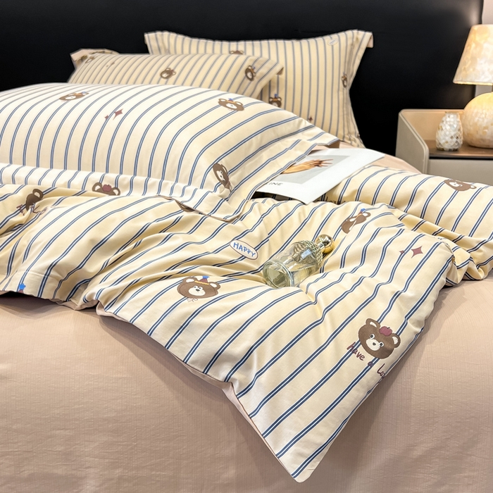 91家纺网 家纺一手货源 找家纺 繁花家居 2026凉感云丝棉高克重冰感天丝绵四件套 蓝条小熊