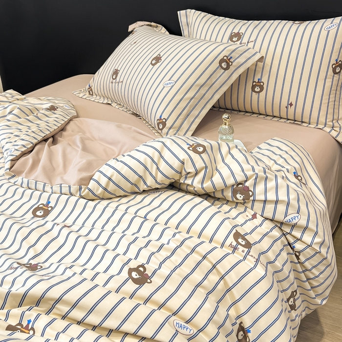 91家纺网 家纺一手货源 找家纺 繁花家居 2026凉感云丝棉高克重冰感天丝绵四件套 蓝条小熊