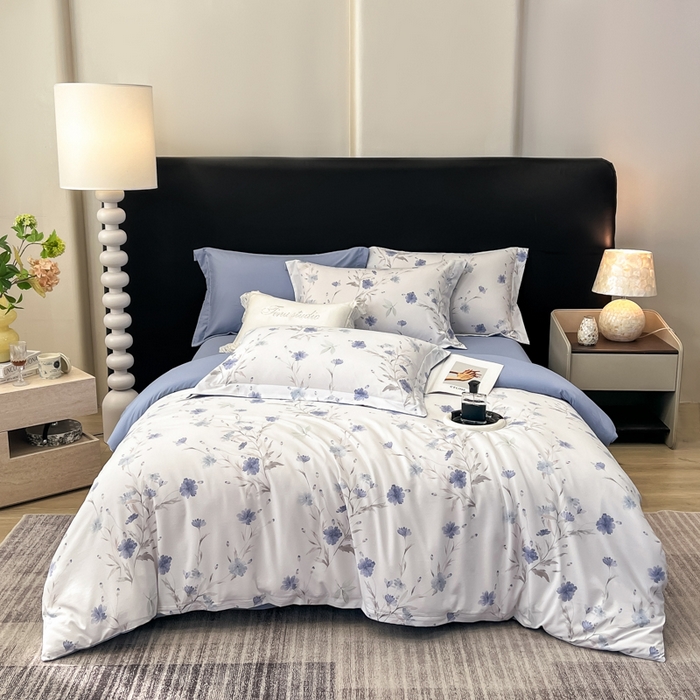 91家纺网 家纺一手货源 找家纺 繁花家居 2026凉感云丝棉高克重冰感天丝绵四件套 一抹幽蓝