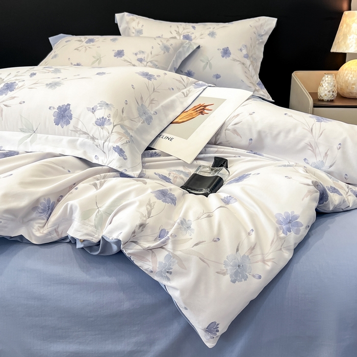 91家纺网 家纺一手货源 找家纺 繁花家居 2026凉感云丝棉高克重冰感天丝绵四件套 一抹幽蓝